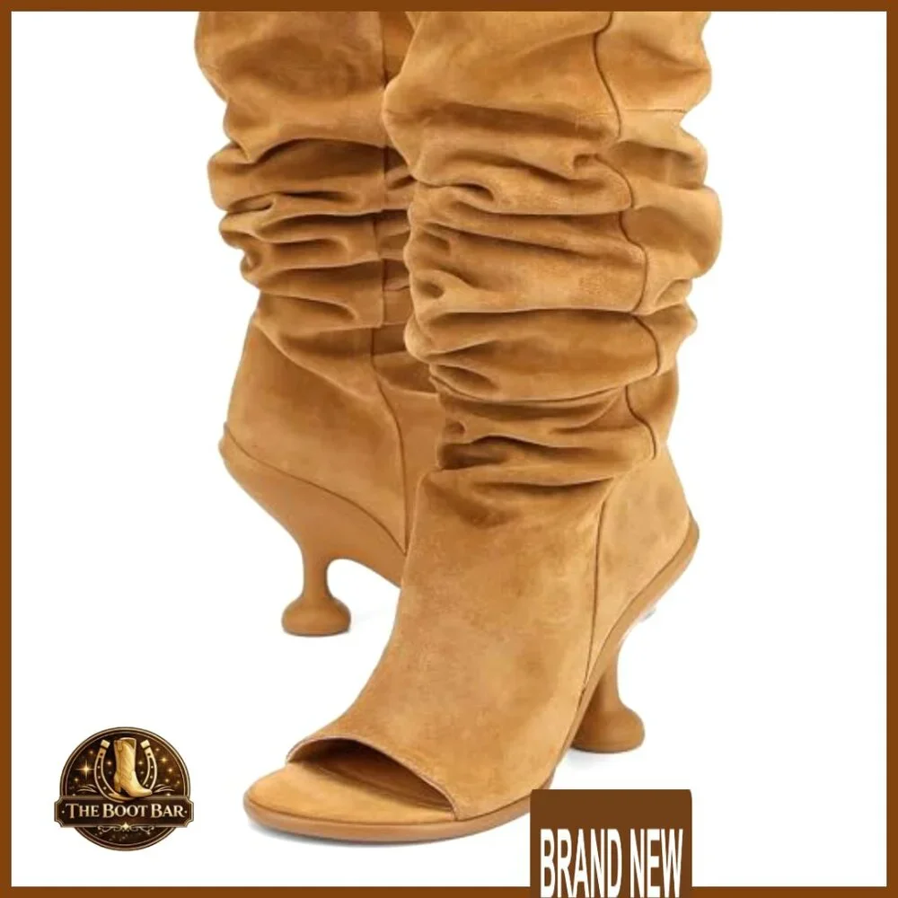 Kitten Heel Knee High Boots Open Peep Toe Wide Calf Slouchy Fashion Boots - Picture 6 of 6